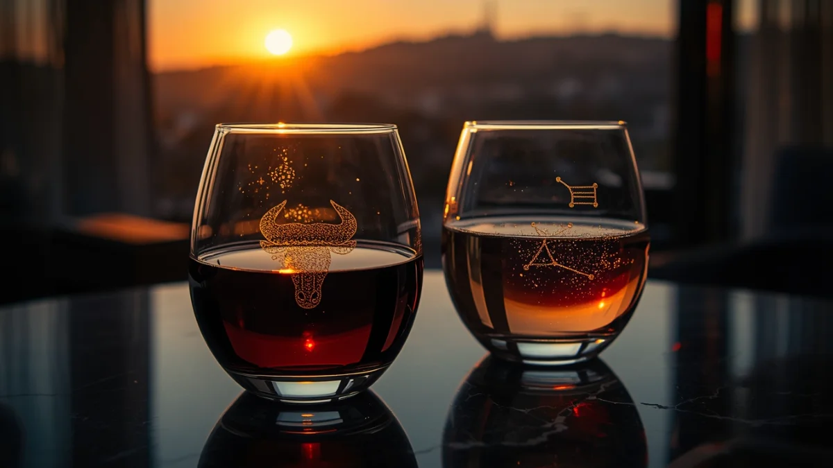 Luxury Crystal Wine Glasses Reflecting Taurus and Gemini Zodiac Signs
