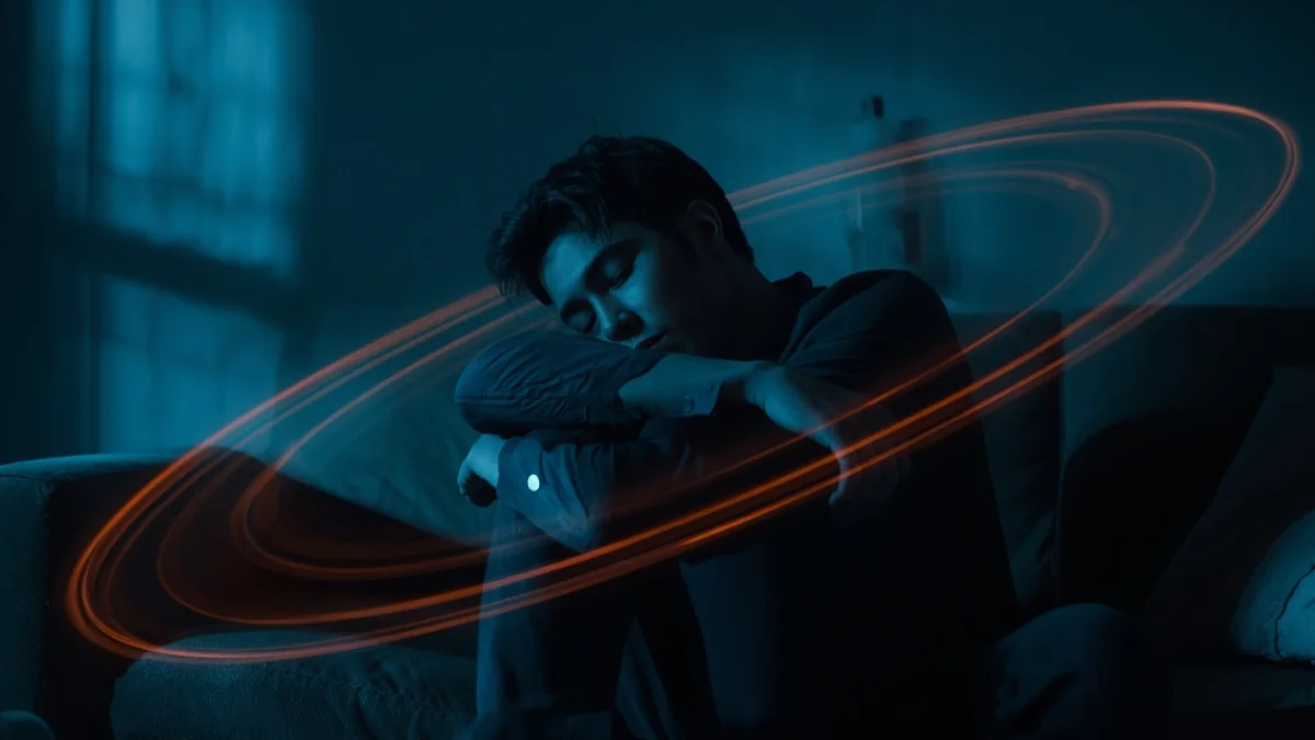 A pensive person sitting on a dark sofa with glowing orange planetary rings circling them, symbolizing emotional triggers and cosmic pressure.