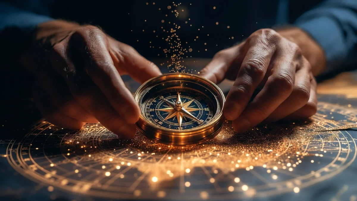 An individual analyzing elite cosmic blueprints to optimize their career strategy under the stars.