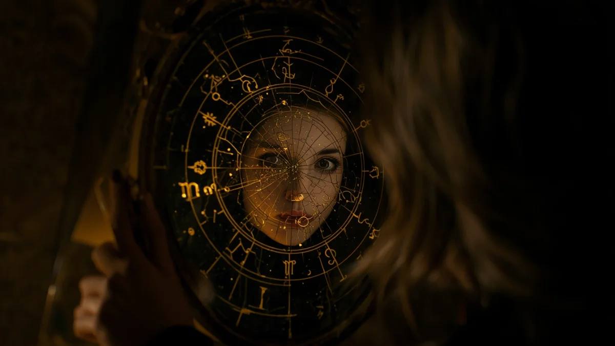 A young woman looking into a mirror that reflects a glowing astrological birth chart and constellations instead of her face.