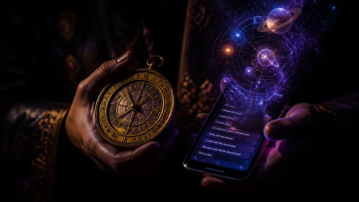 Hands holding a vintage astrolabe and a glowing smartphone with cosmic planetary alignments reflecting on the screen.