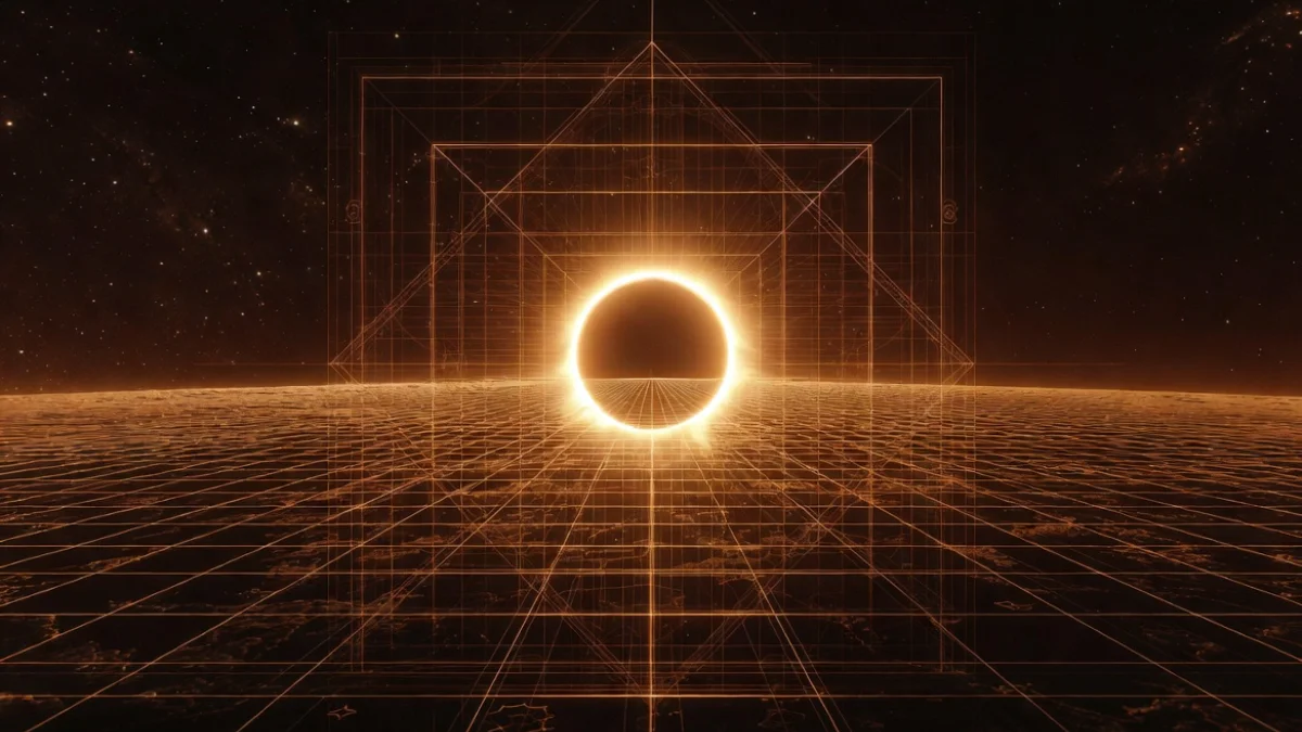 A wide cinematic shot of a brilliant solar eclipse corona revealing an intricate golden astrological grid inside its light.