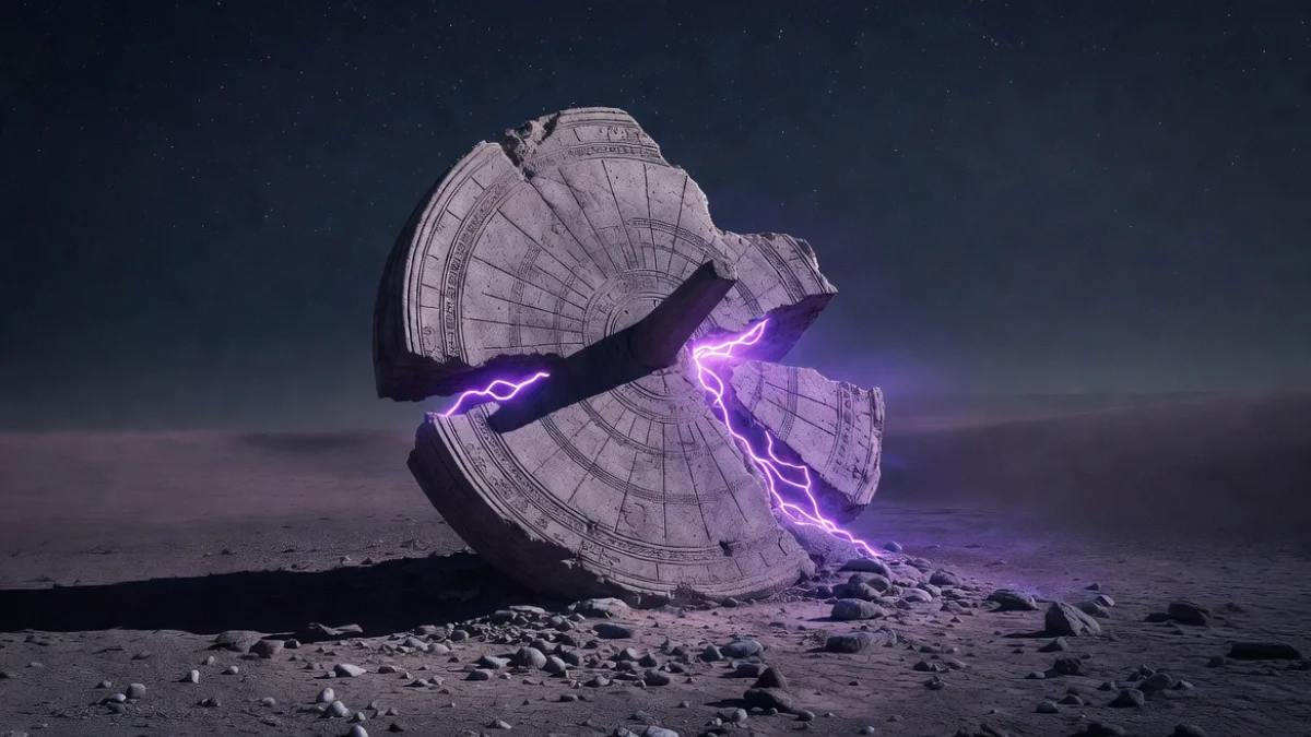 A wide photograph of a cracked ancient stone sundial with glowing purple cosmic energy pulsing through its fractures under a starry night.