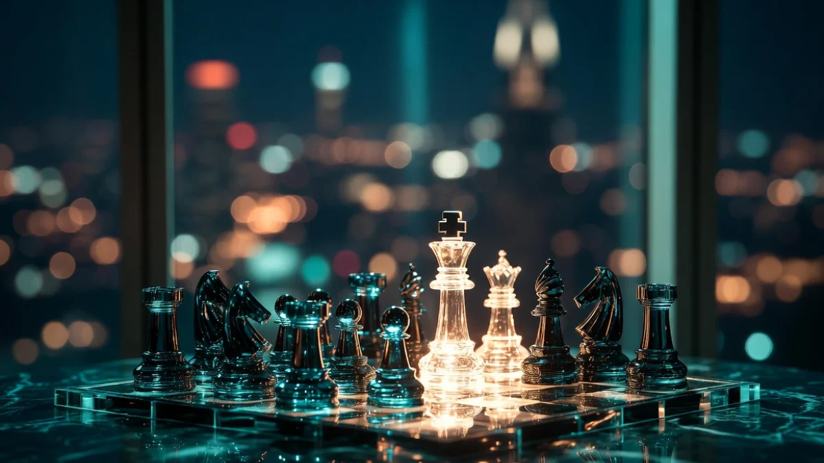 A wide shot of a luxury glass chess set on a dark marble table reflecting subtle golden city lights.