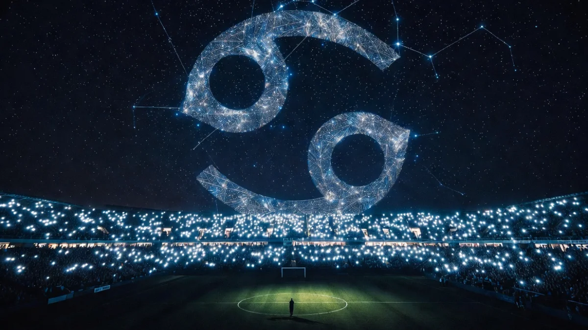 A wide shot of a football player from behind under a massive glowing Cancer constellation in a dark stadium sky.