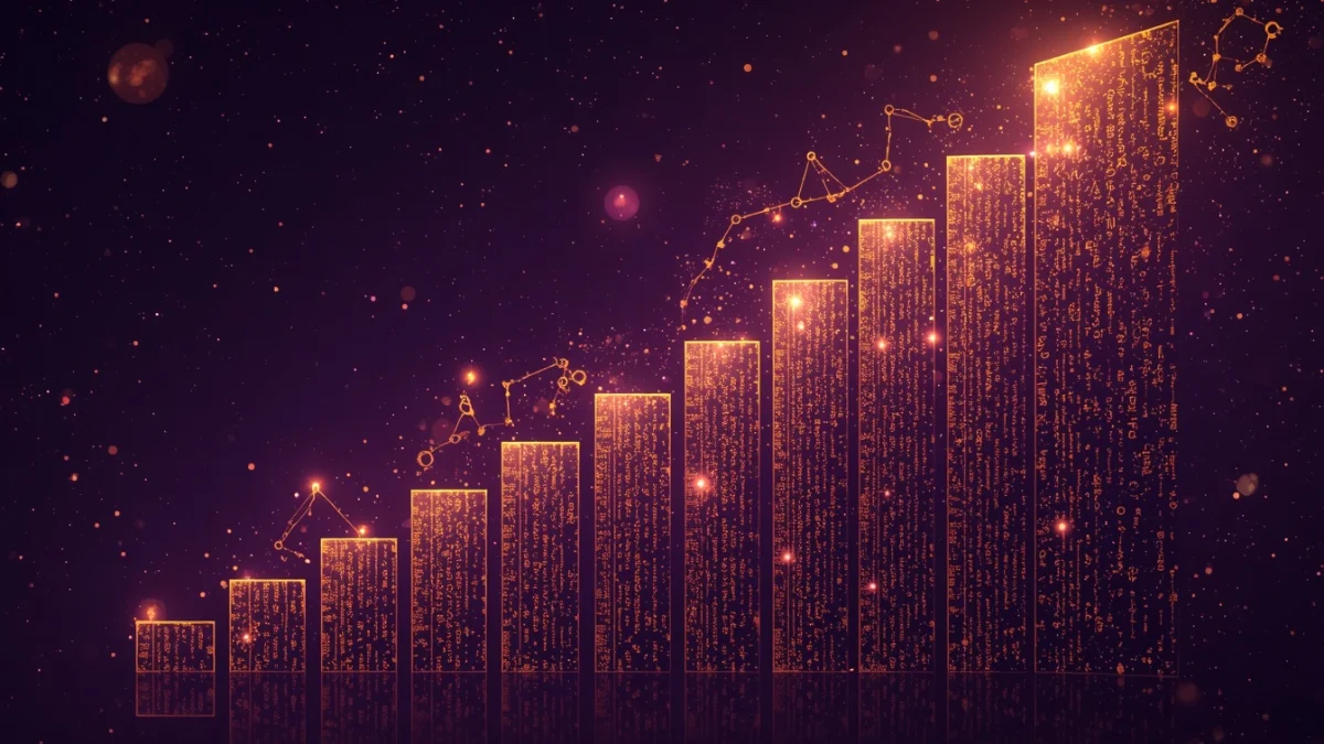 A wide conceptual image of a rising golden financial stock chart morphing into celestial zodiac constellations.