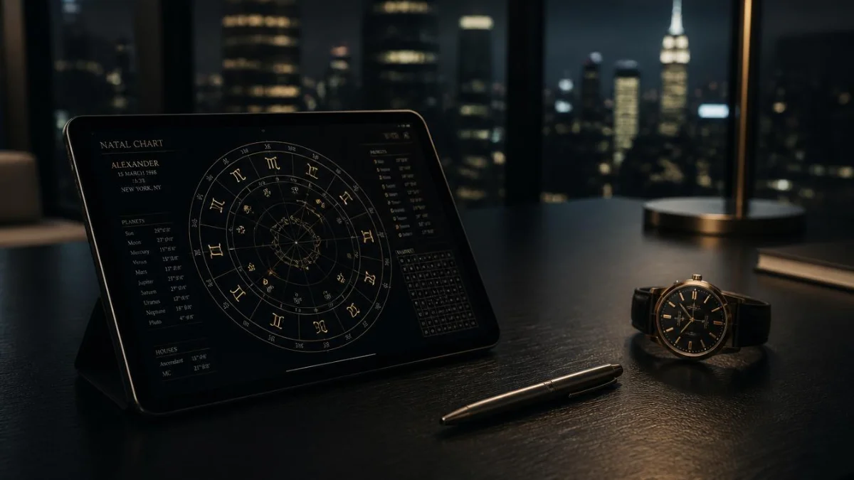 A wide close-up shot of a glowing digital tablet showing an astrological birth chart on a luxury executive desk at night.