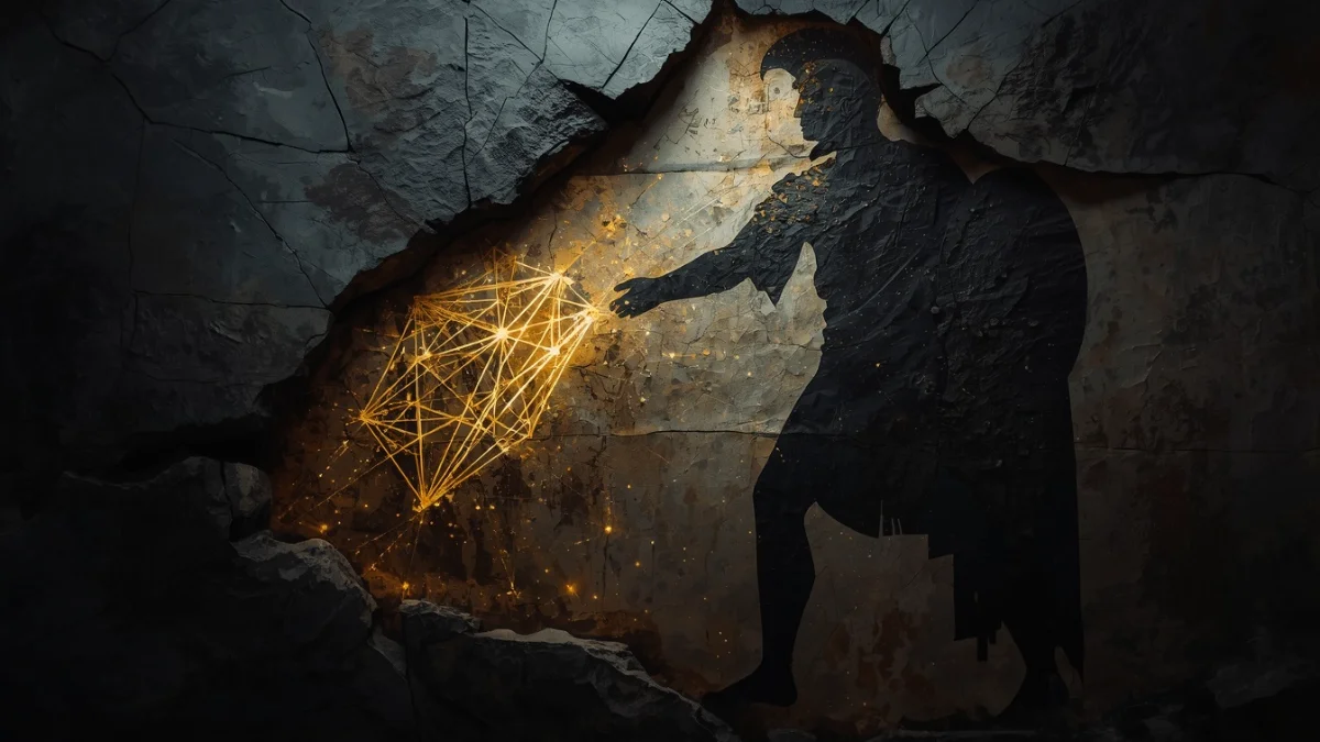 A wide conceptual ancient wall carving showing a glowing golden star constellation striking down a giant dark shadow figure.