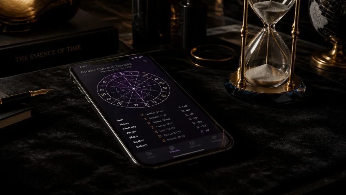 A wide close-up shot of a smartphone showing purple astrological natal data wheels on a luxury dark desk next to a crystal hourglass.