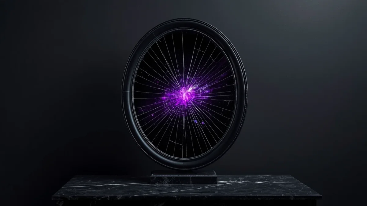 A wide shot of a cracked obsidian mirror reflecting a powerful glowing purple cosmic galaxy instead of a room.
