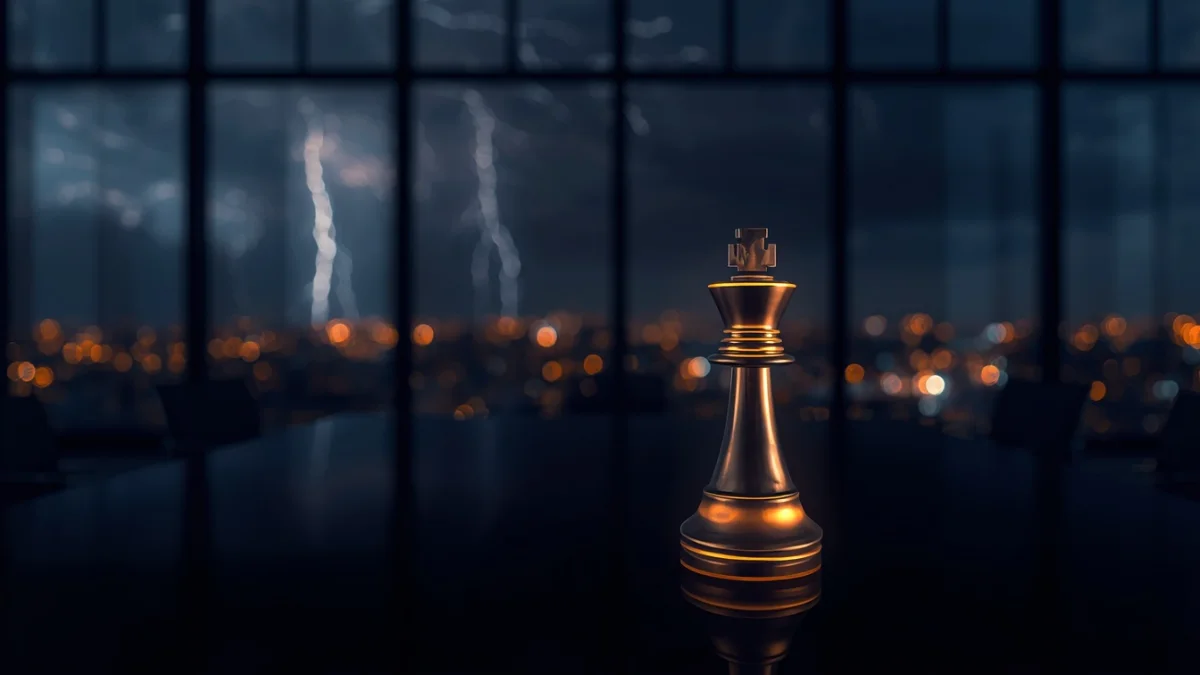 A wide close-up shot of a silver chess piece glowing under a warm lamp on a luxury executive desk during a storm.