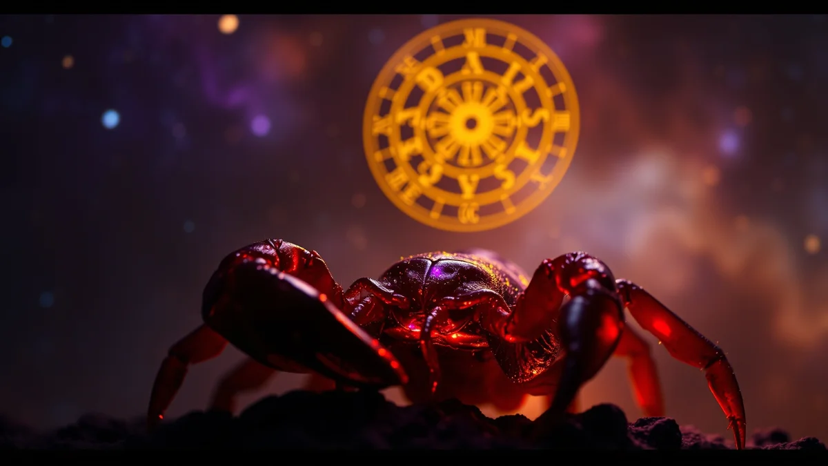 Glowing Scorpio stinger with cosmic nebula and zodiac wheel