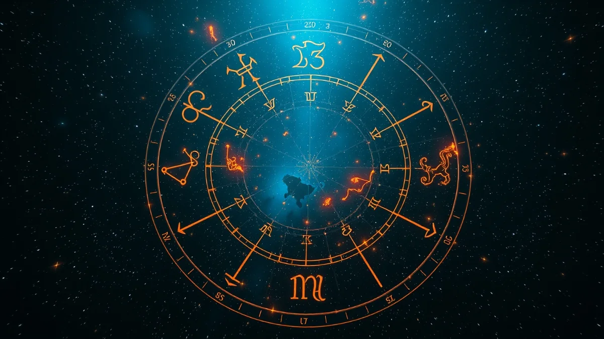 Zodiac constellations burning in cosmic astrological chart visualization