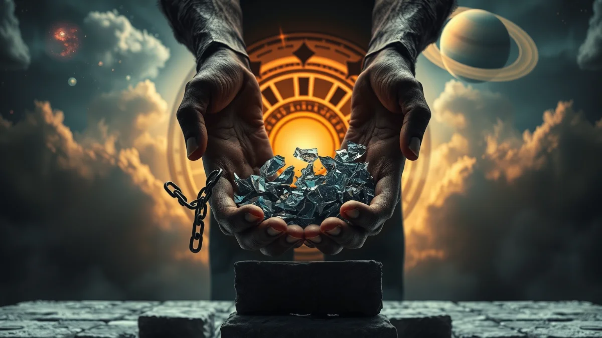 Broken chains and cosmic rebuild under astrological wheel guidance.