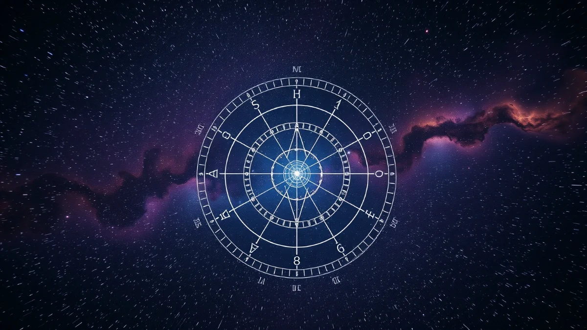 Glowing Virgo constellation with astrological wheel in cosmic nebula