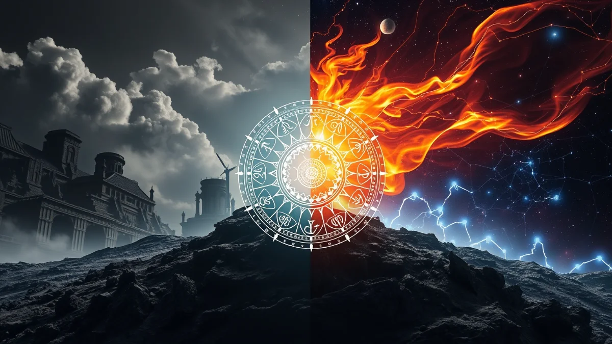 Earth Water elements fade, Fire Air constellations blaze bright