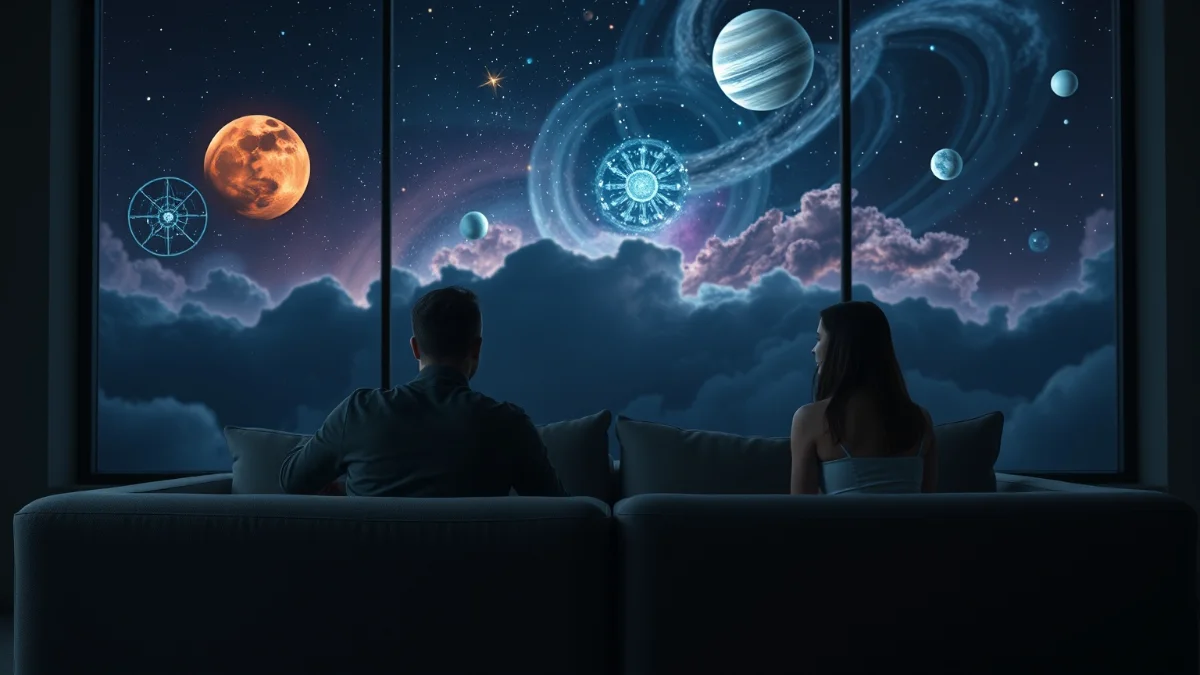 Couple in tension with Gemini constellation glowing overhead