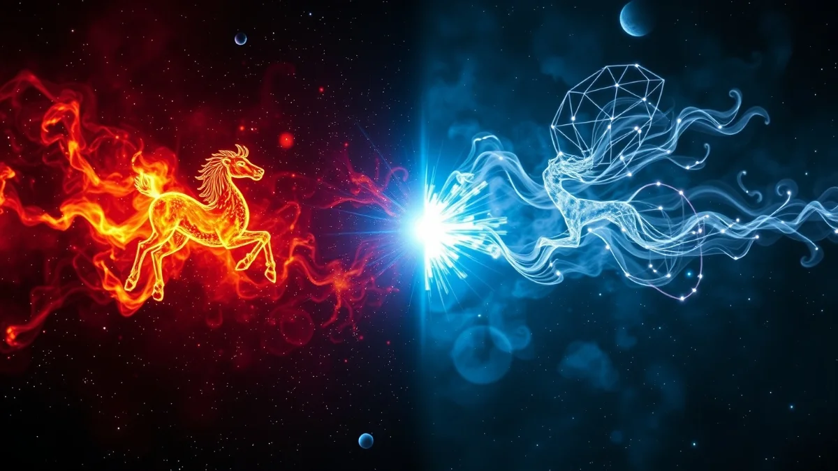 Aries fire versus Gemini air elemental clash, cosmic constellation battle