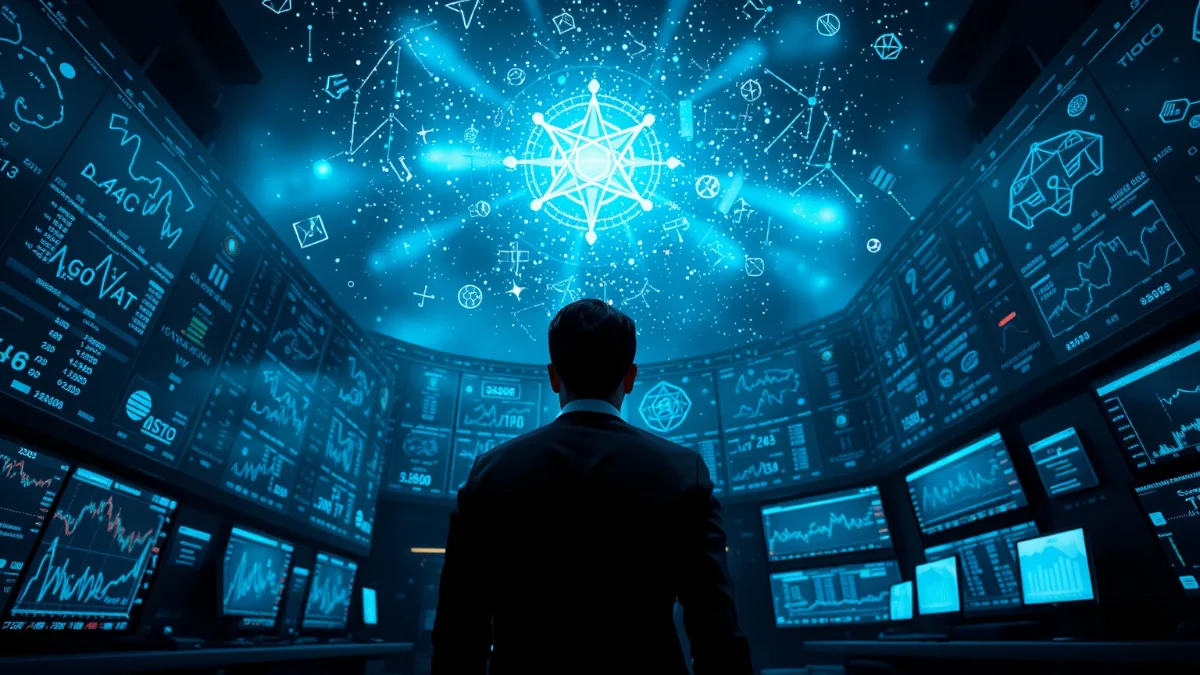 Virgo constellation above high-tech algorithmic trading floor