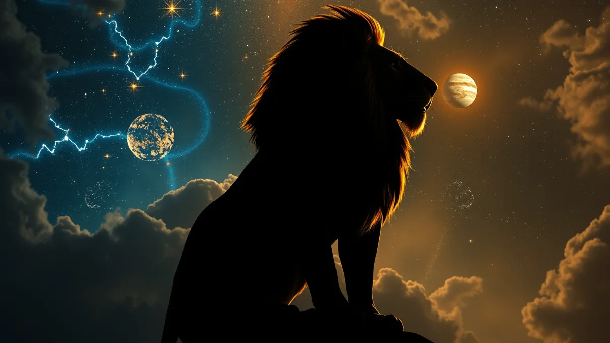 Golden lion with glowing Leo constellation, Jupiter cosmic backdrop