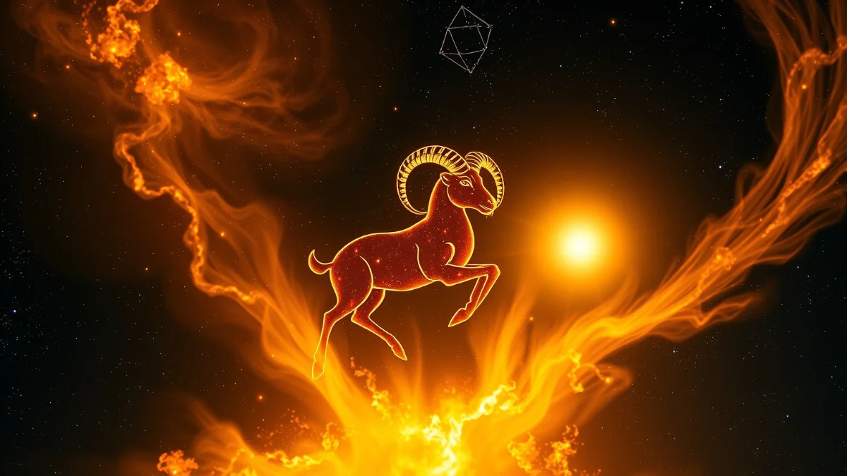 Aries ram with constellation, explosive cosmic energy, Jupiter glow