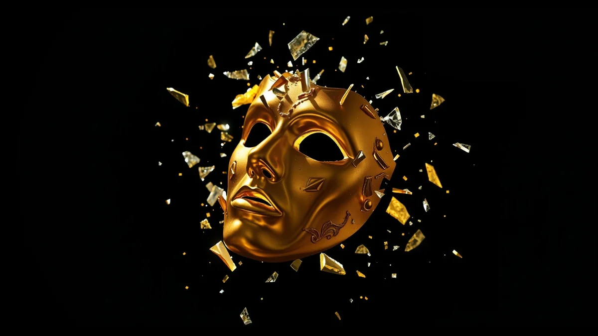 Shattered golden mask fragments suspended in darkness, symbolic ego collapse.