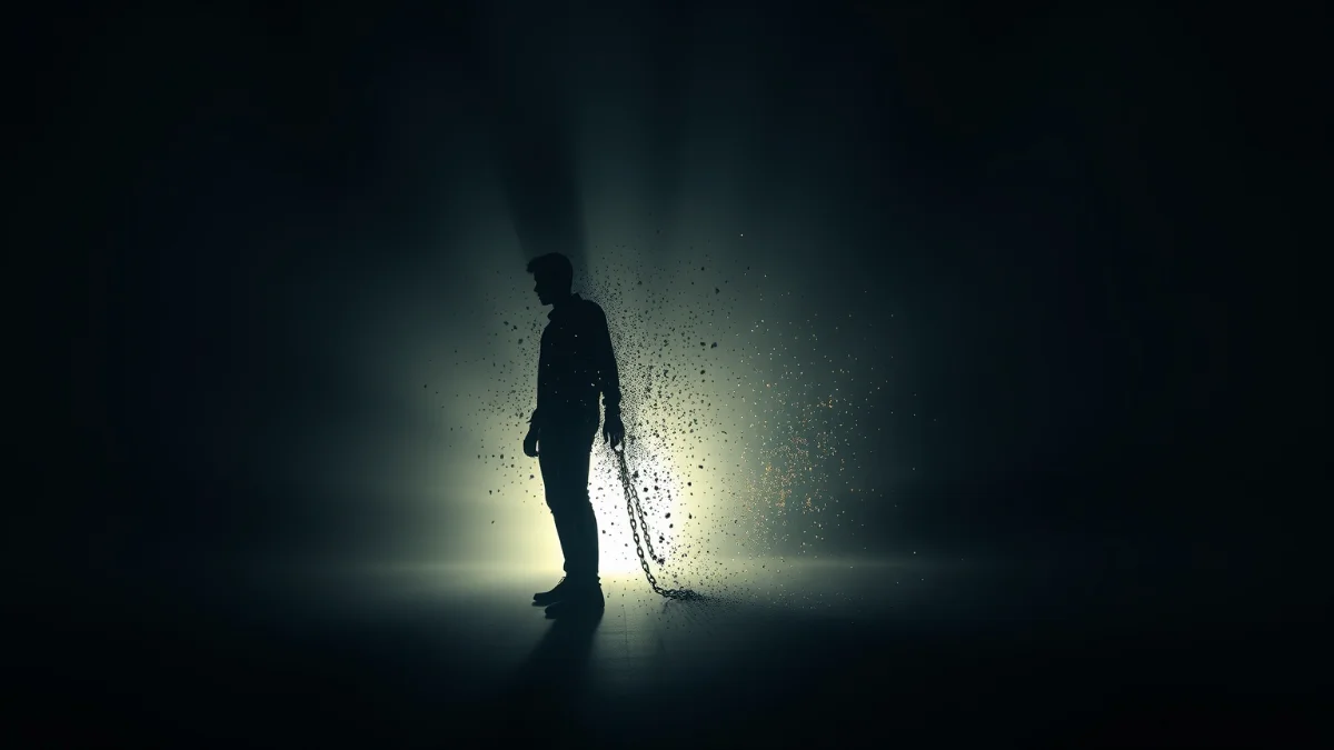 Silhouette dissolving into light, breaking old patterns.