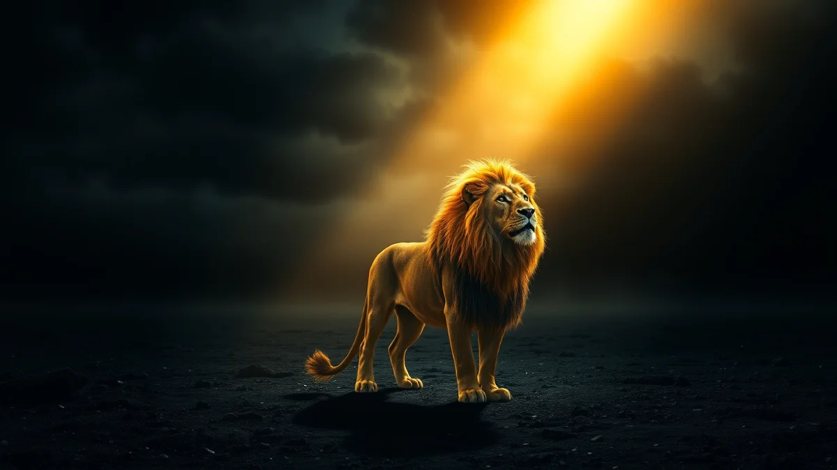 Solitary lion, golden sunlight, dark isolation, solar fire