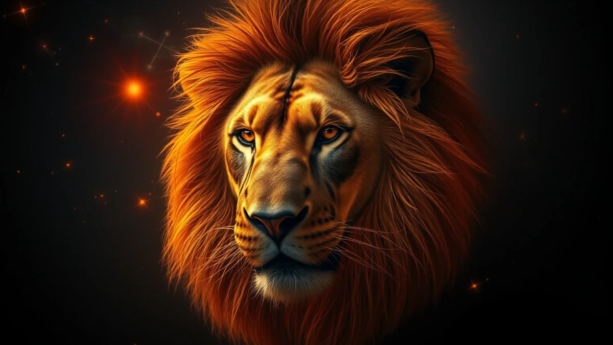 Golden Lion's fierce face with cosmic starlight backdrop