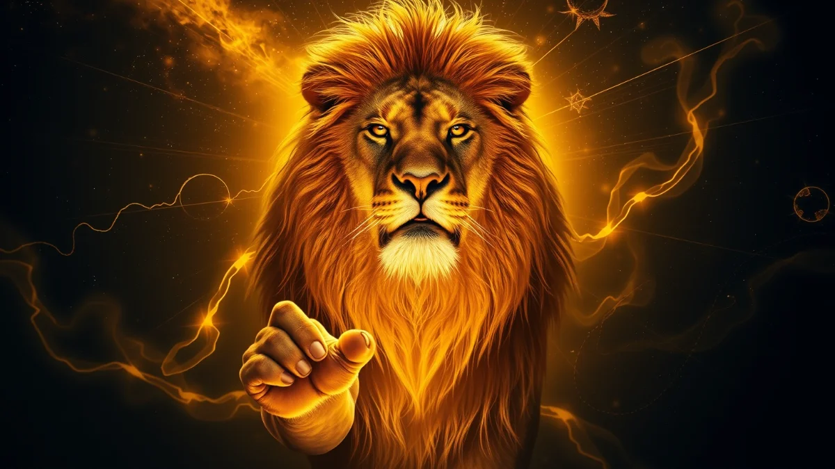 Lion radiating golden energy, cosmic nebulae, giving gesture