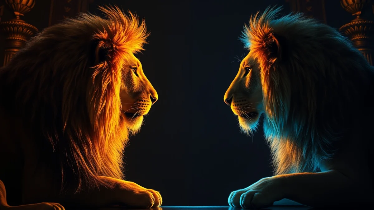 Two lions equal partnership mutual respect palatial setting