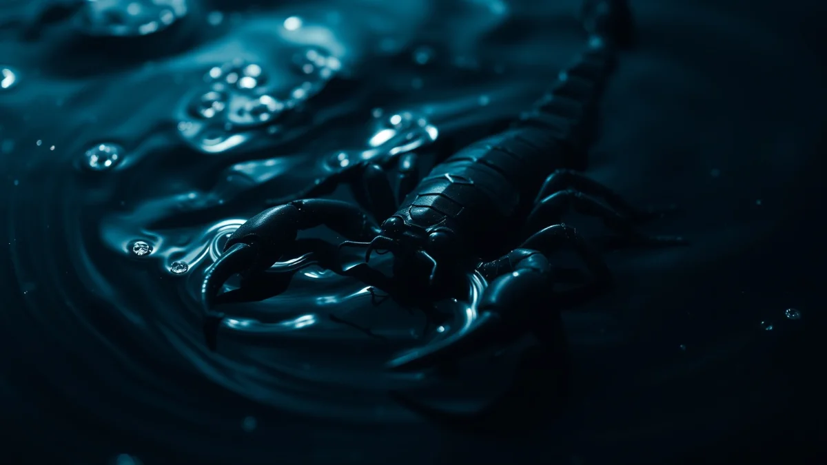Mysterious scorpion in dark swirling water with ethereal glow
